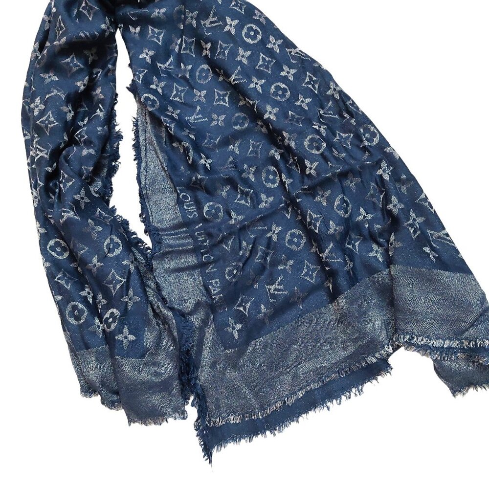 LOUIS VUITTON Vintage Iridescent Midnight Blue Silver Silk Wool Scarf Shawl Wrap - Picture 6 of 10